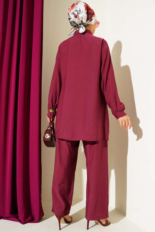 بدلة مكونة من قطعتين برباط جانبي وأزرار متقاطعة - لون عنابي