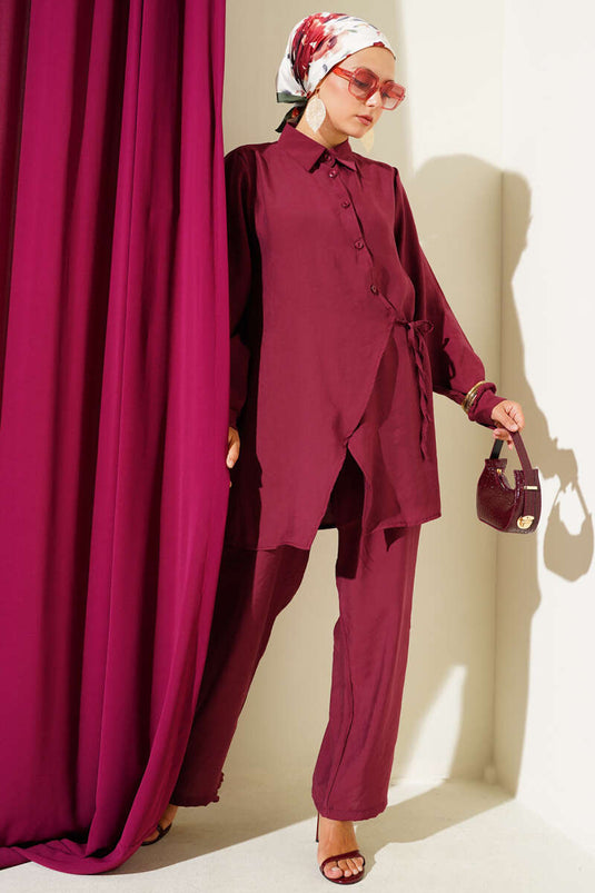 بدلة مكونة من قطعتين برباط جانبي وأزرار متقاطعة - لون عنابي