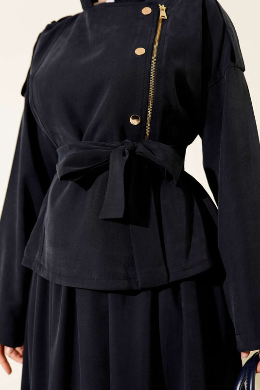 Ensemble deux pièces bleu marine en Tencel avec jupe zippée en diagonale