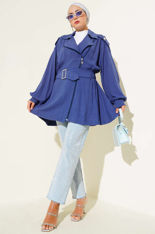 جاكيت بحزام وسحاب قطري، نيلي