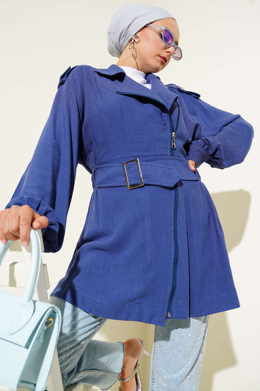 Çapraz Fermuarlı Kemerli Ceket Indıgo