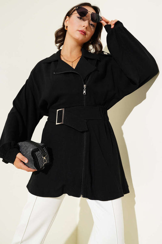 جاكيت أسود بحزام وسحاب قطري