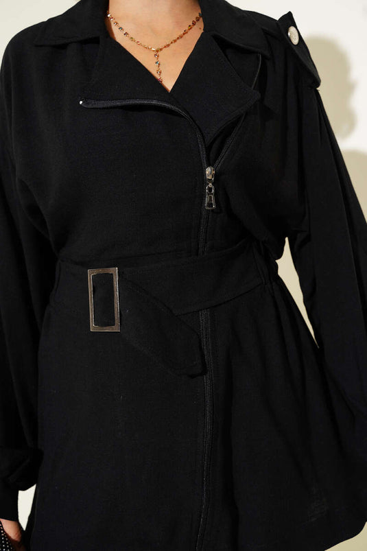 جاكيت أسود بحزام وسحاب قطري