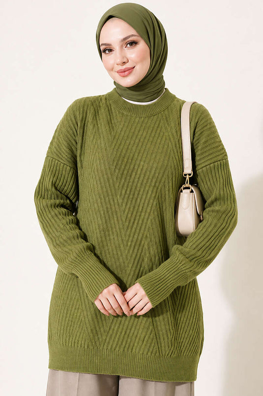 Grüne Kreuz-Stricklongtunika Mit Rippmuster