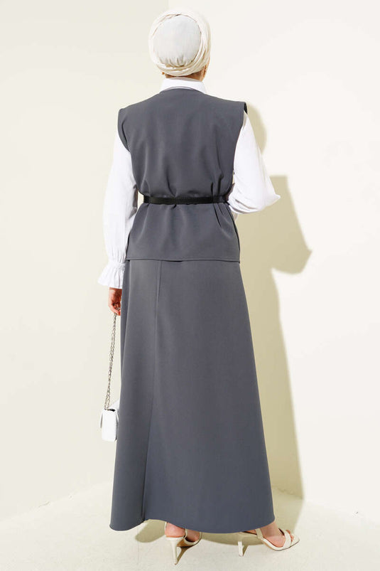 Çapraz Gold Düğmeli Etekli İkili Takım Füme