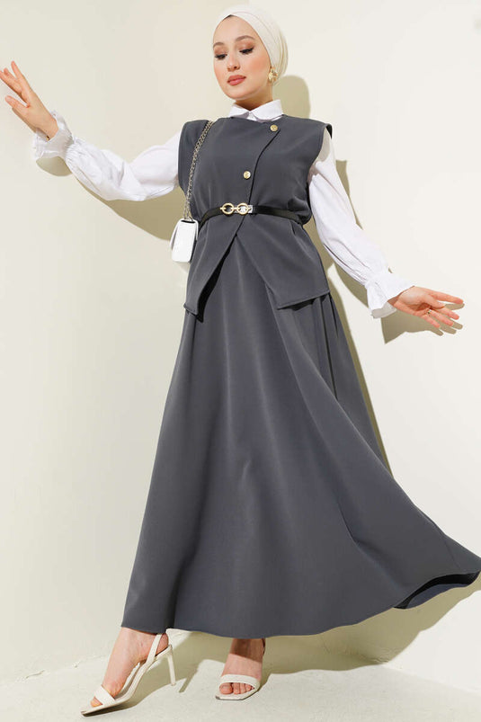 Two Piece Suit with Crossed Gold Buttons and Skirt, Smoke Color