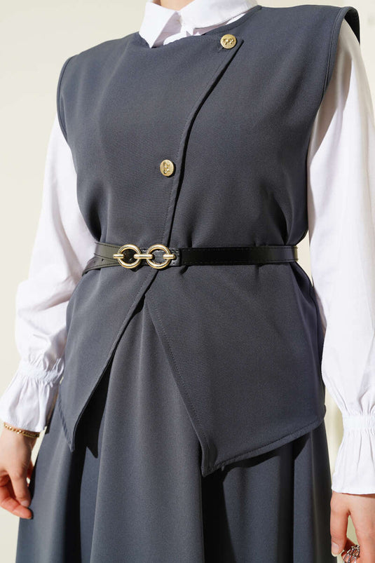 Two Piece Suit with Crossed Gold Buttons and Skirt, Smoke Color