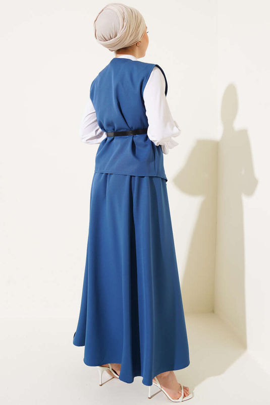 Çapraz Gold Düğmeli Etekli İkili Takım İndigo