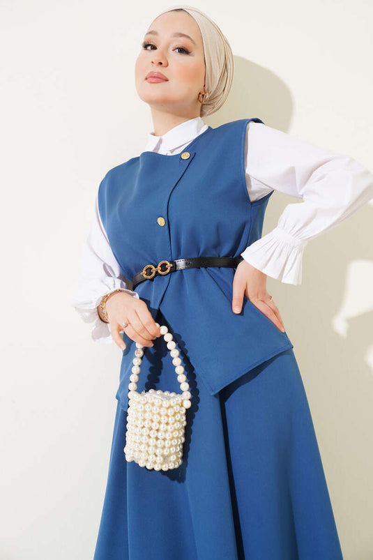 Çapraz Gold Düğmeli Etekli İkili Takım İndigo