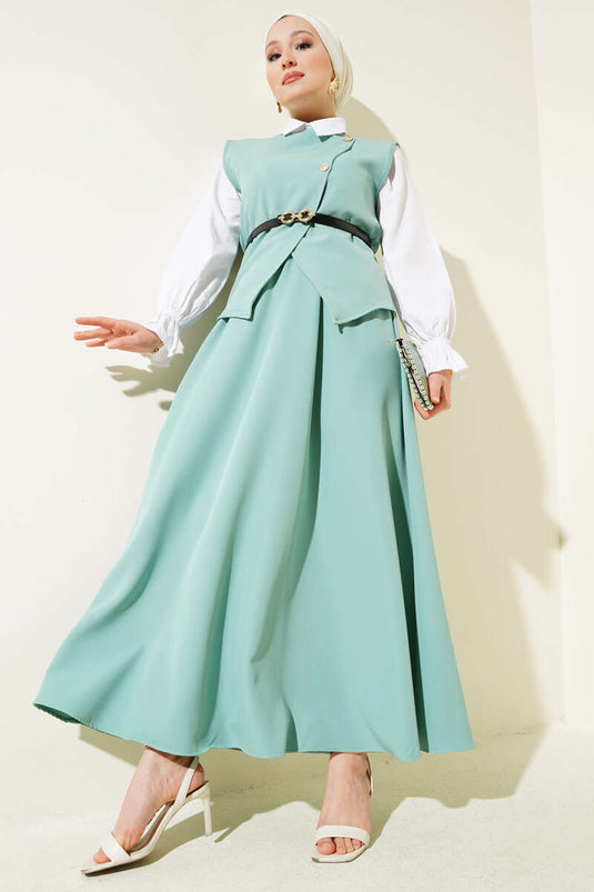 Mint Two Piece Suit with Crossed Gold Buttons and Skirt