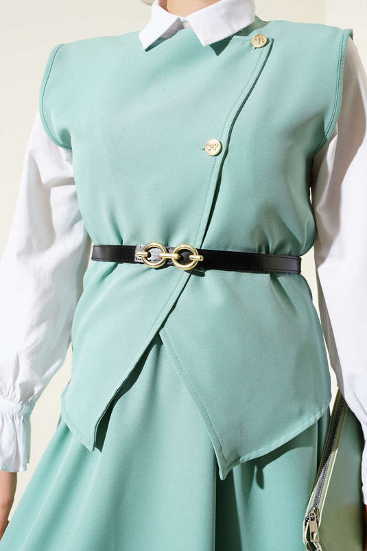 Mint Two Piece Suit with Crossed Gold Buttons and Skirt
