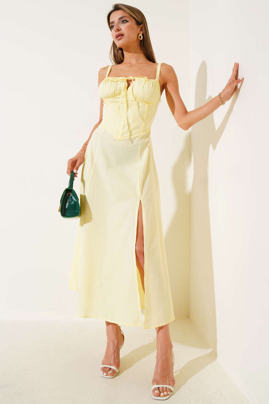 Yellow Dress with Cross-Lace and Slit
