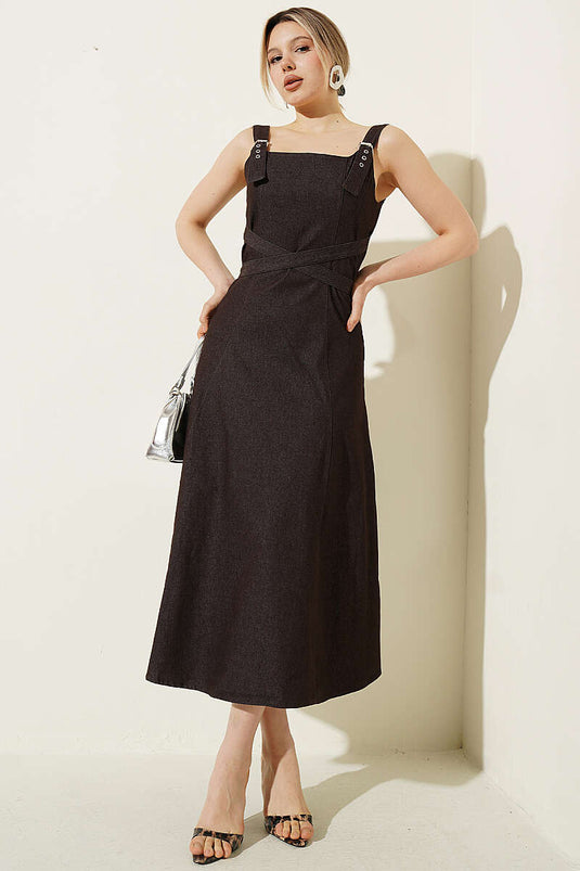 Cross Belted Strappy Denim Dress Brown
