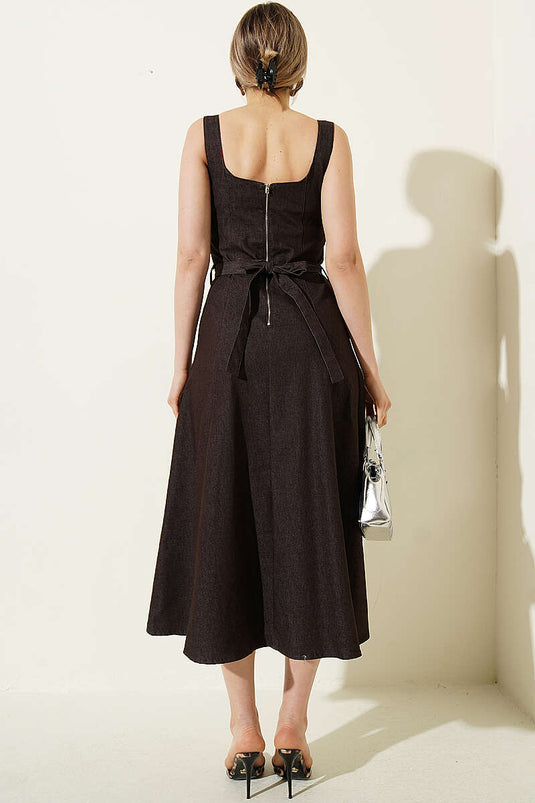 Cross Belted Strappy Denim Dress Brown