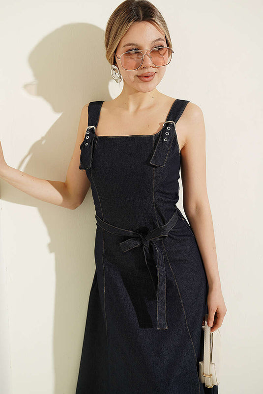 Cross-Belted Strappy Denim Dress Navy Blue