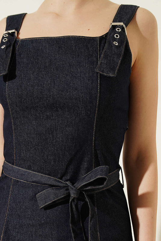 Cross-Belted Strappy Denim Dress Navy Blue