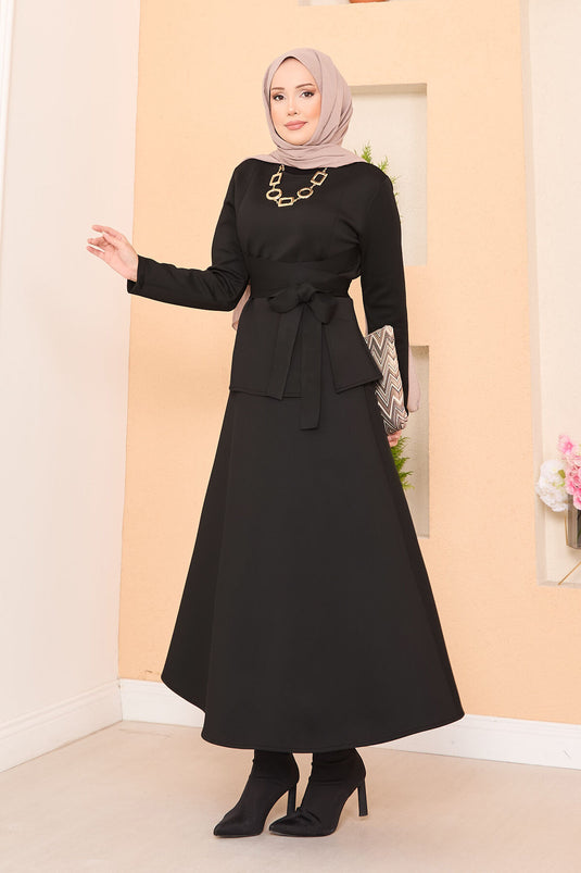 Ensemble jupe hijab élégant avec ceinture croisée en noir