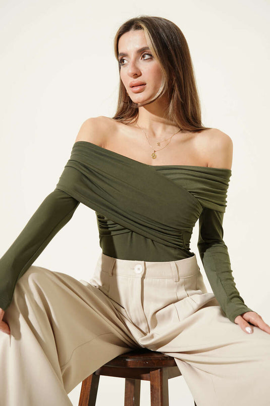 Kruisvormige Madonna-hals Sandy Blouse Khaki