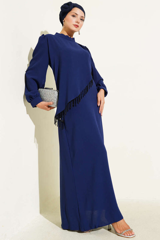 Çapraz Taş Süslemeli Abiye Elbise Lacivert