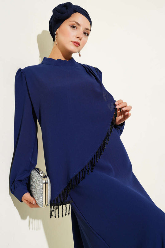 Çapraz Taş Süslemeli Abiye Elbise Lacivert