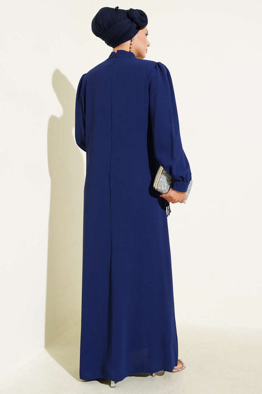 Çapraz Taş Süslemeli Abiye Elbise Lacivert