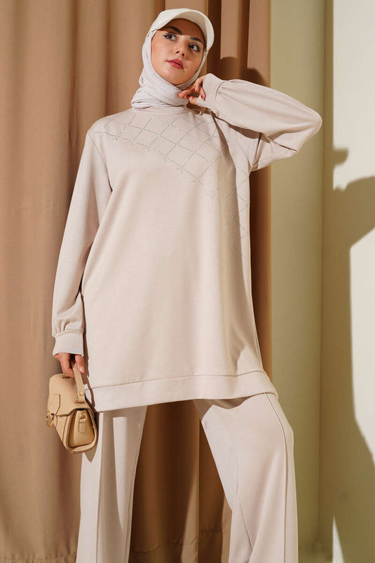 Çapraz Taş Süslemeli İkili Takım Bej