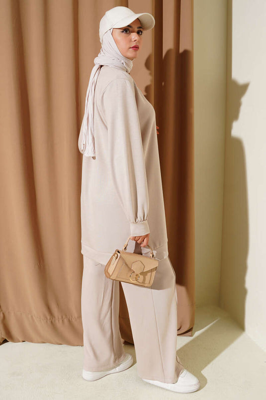 Çapraz Taş Süslemeli İkili Takım Bej