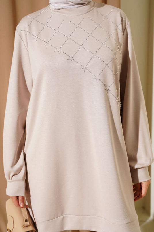 Çapraz Taş Süslemeli İkili Takım Bej