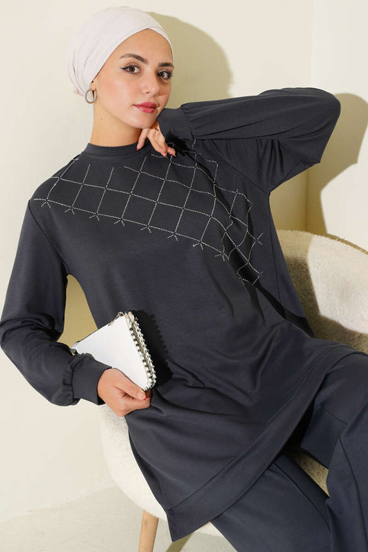 بدلة مكونة من قطعتين مزينة بحجر الصليب - دخان