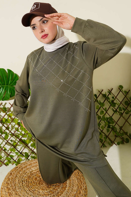 Cross Stone Embellished Two Piece Suit Khaki