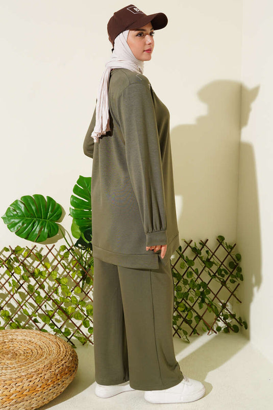 Cross Stone Embellished Two Piece Suit Khaki