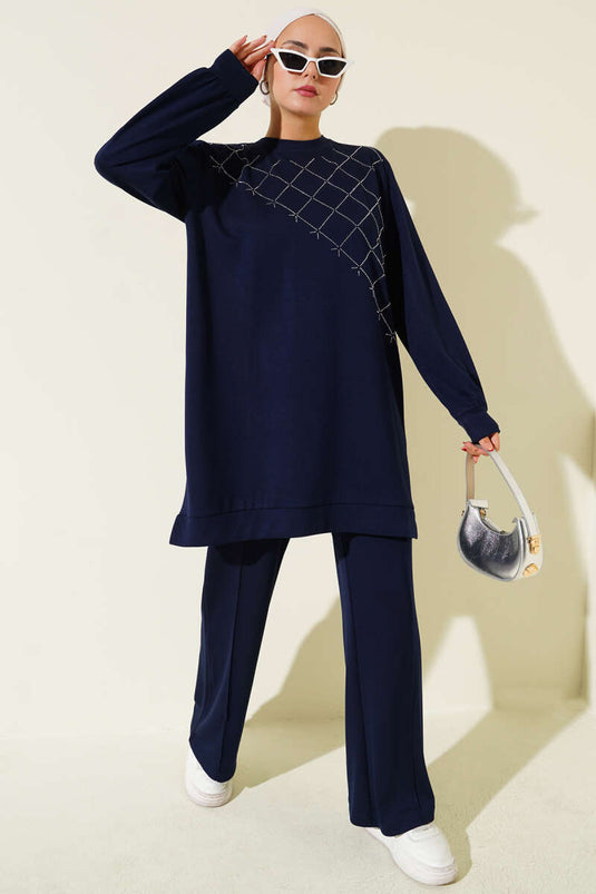 Cross Stone Embellished Two Piece Suit Navy Blue