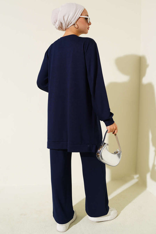 Cross Stone Embellished Two Piece Suit Navy Blue