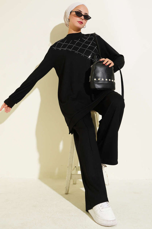 Cross Stone Embellished Two Piece Set Black