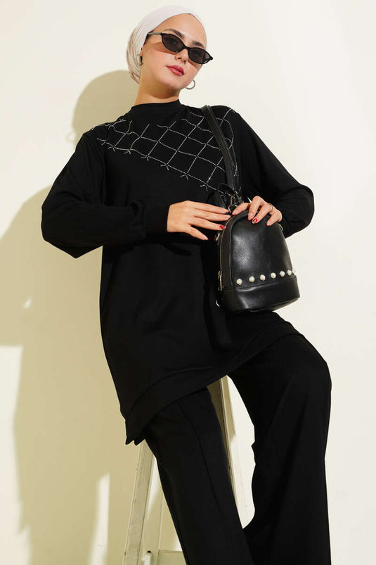 Cross Stone Embellished Two Piece Set Black