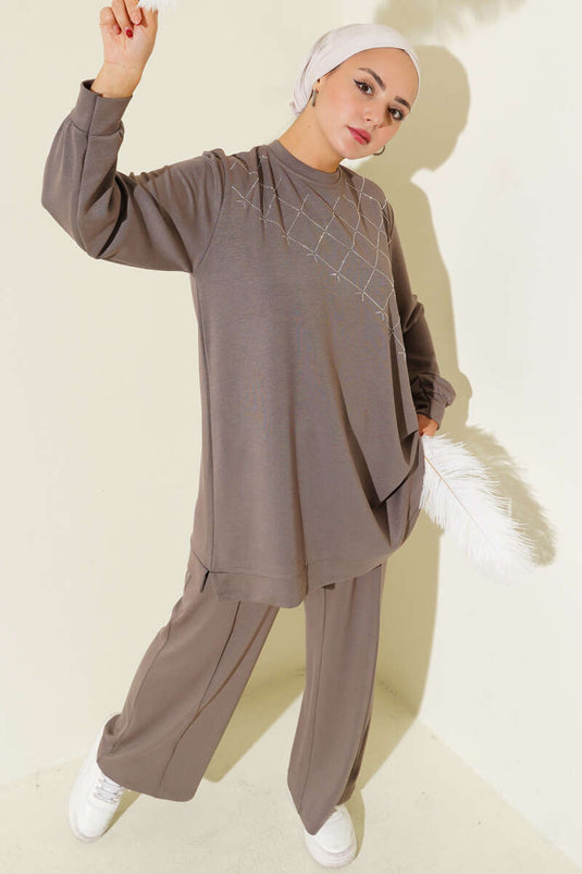 Cross Stone Embellished Two Piece Mink Suit