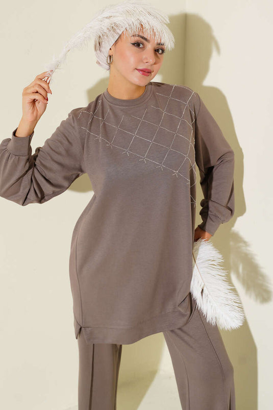 Cross Stone Embellished Two Piece Mink Suit