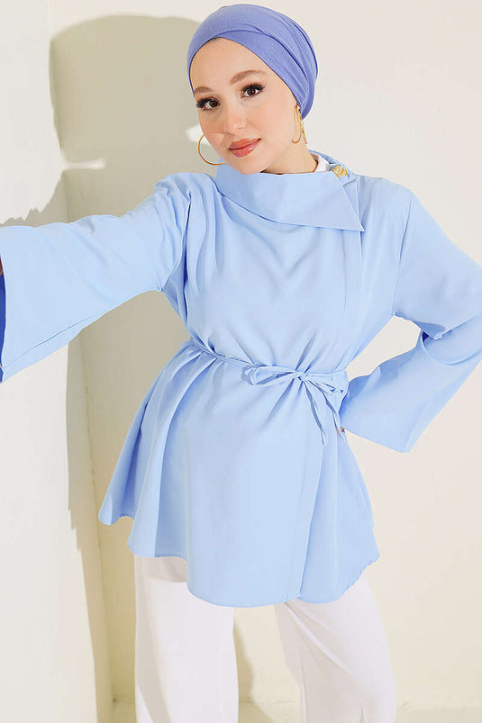 Blue Cross Neck Hidden Button Shirt