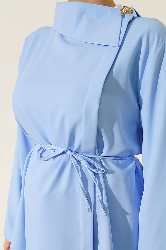 Blue Cross Neck Hidden Button Shirt