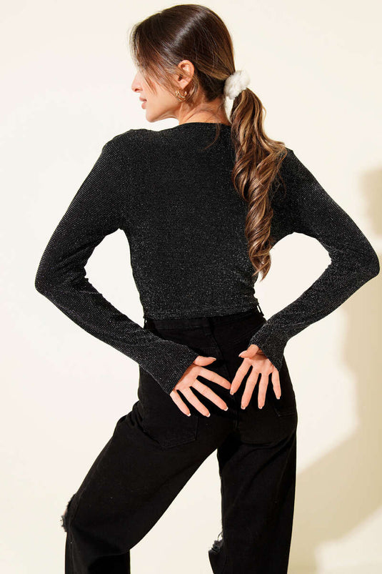 Çapraz Yaka Simli Bluz Siyah