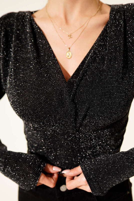 Çapraz Yaka Simli Bluz Siyah