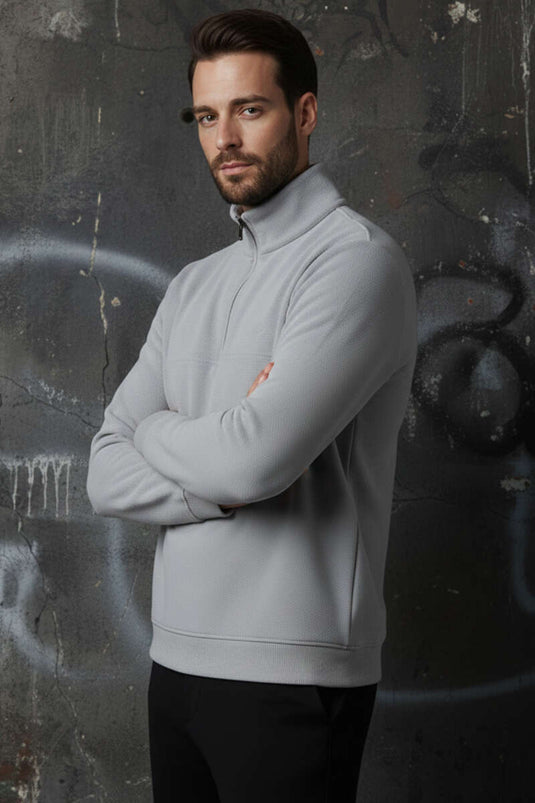 سويت شيرت رجالي كاجوال برقبة مكتوبة وسحاب رمادي