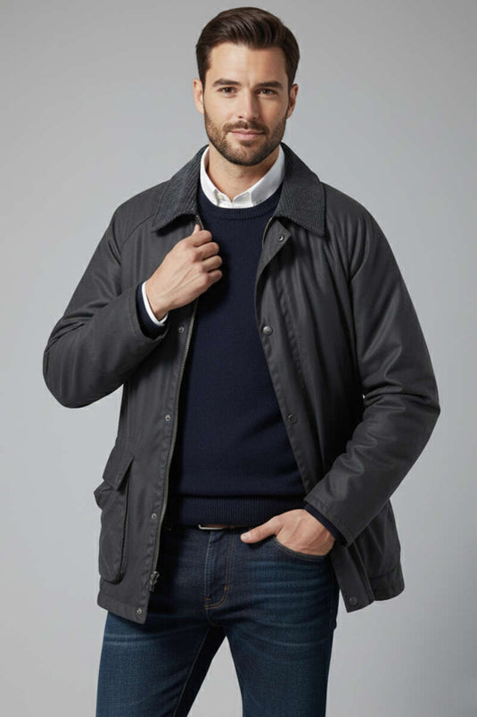 Veste pour homme avec poche à rabat et col en velours, gris foncé