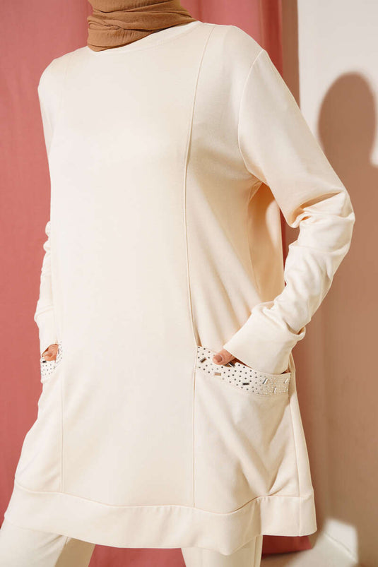 Cebi Taş Süslemeli İkili Takım Bej