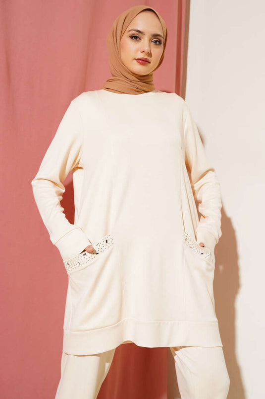 Cebi Taş Süslemeli İkili Takım Bej