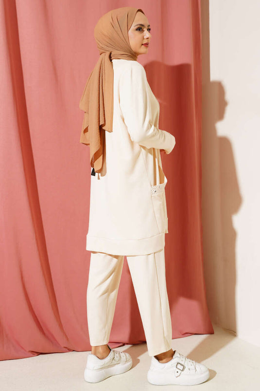 Cebi Taş Süslemeli İkili Takım Bej