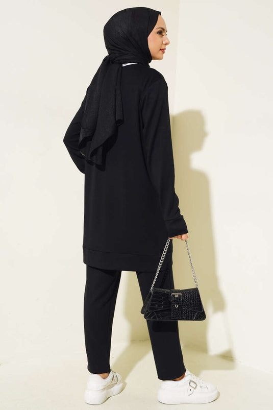 Two Piece Suit with Stone Embellished Pocket, Black