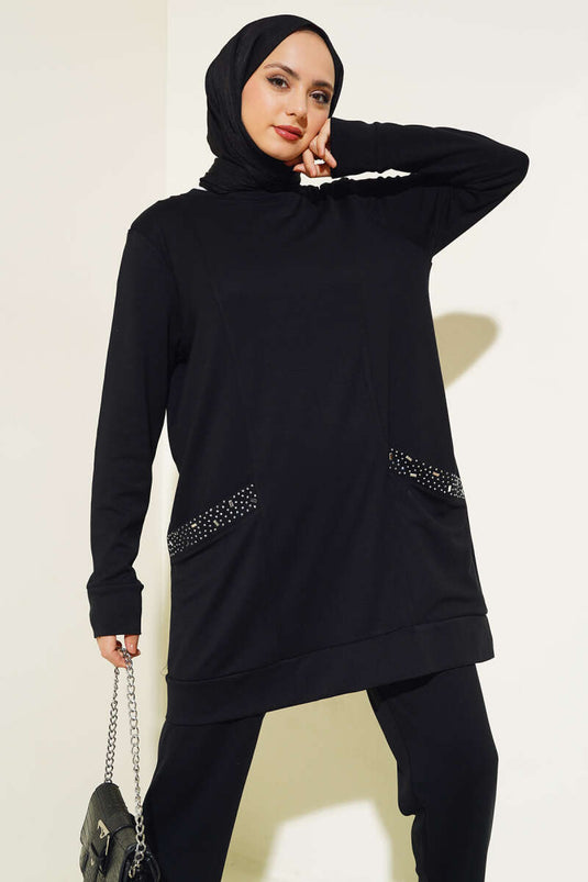 Two Piece Suit with Stone Embellished Pocket, Black