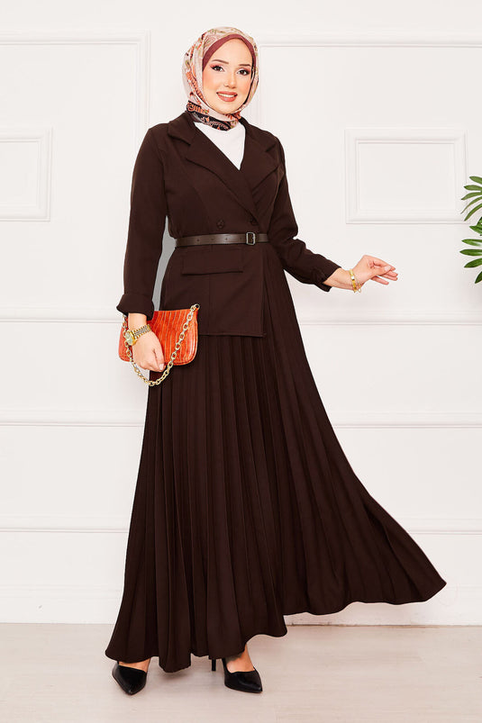 Ceket Detaylı Piliseli Tesettür Elbise Kahve