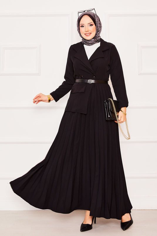فستان حجاب مطوي مع تفاصيل جاكيت باللون الأسود